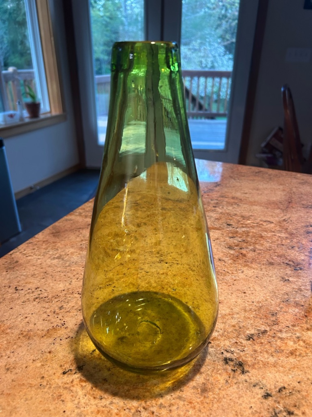 Blenko Glass 11” Chartreuse Hand Blown Teardrop Vase 1949 Brand mark is present